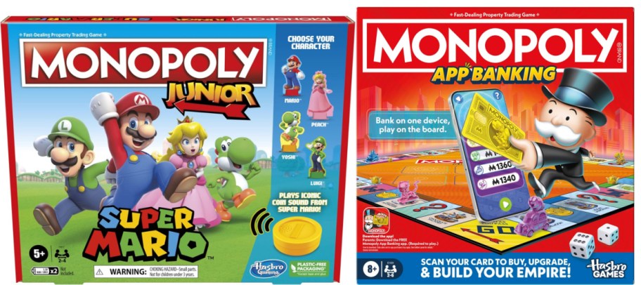 Two Monopoly board game boxes.