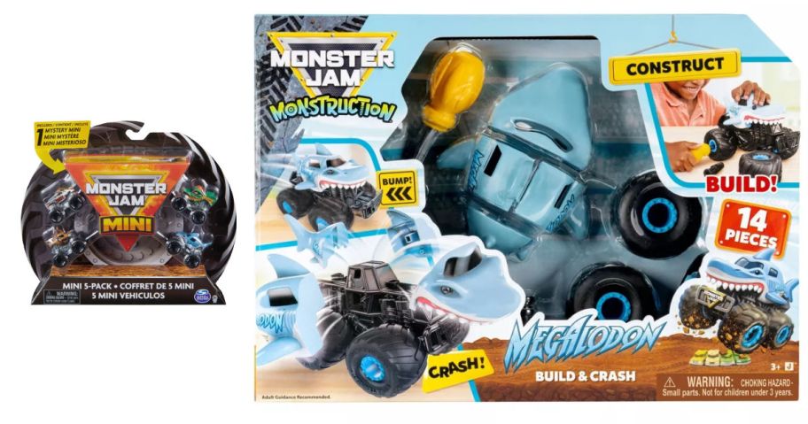 two monster jam toys on a white background