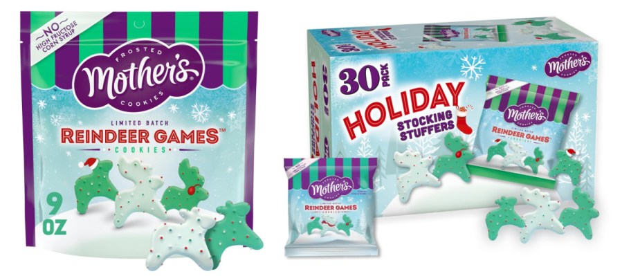 Two bags of frosted holiday cookies.