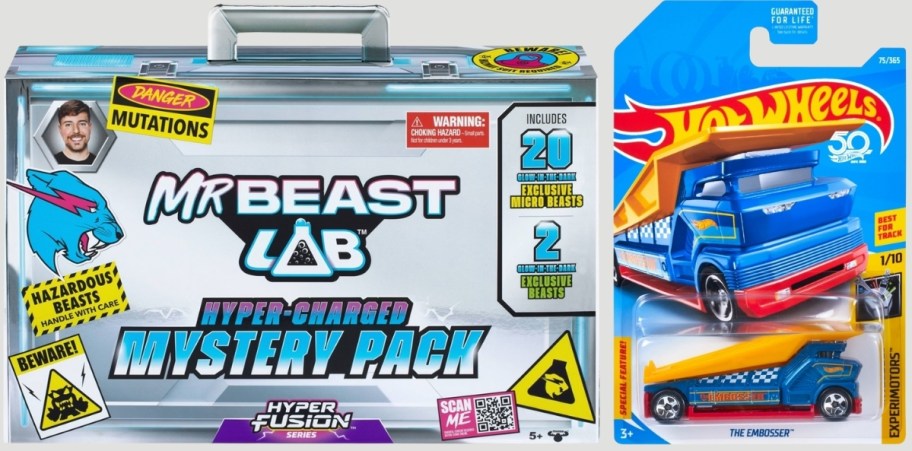 mr beast toy case and a hotwheels car