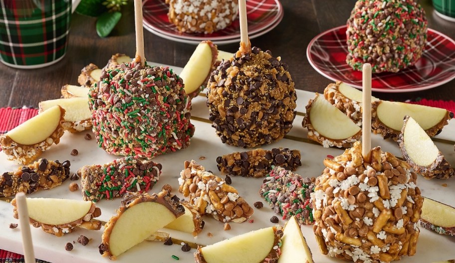 caramel apples and cuts arranged in an attractive display