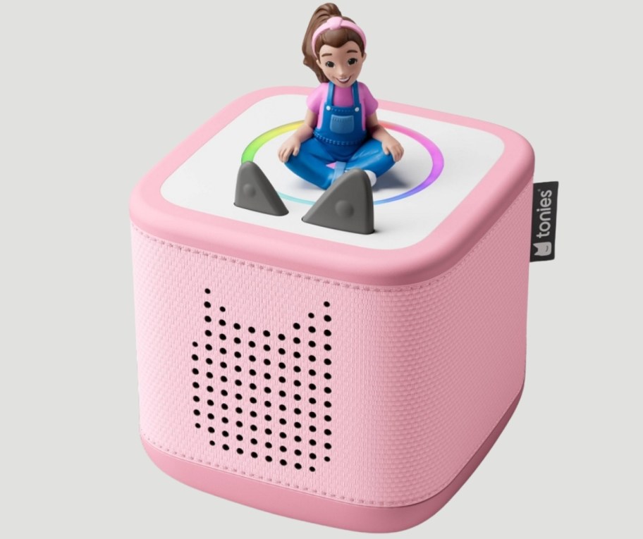 a pink tonie box with ms rachel