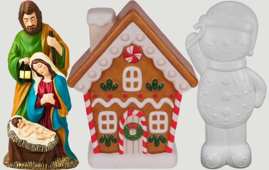 natyivity, gingerbread house and gingerbread man blow molds