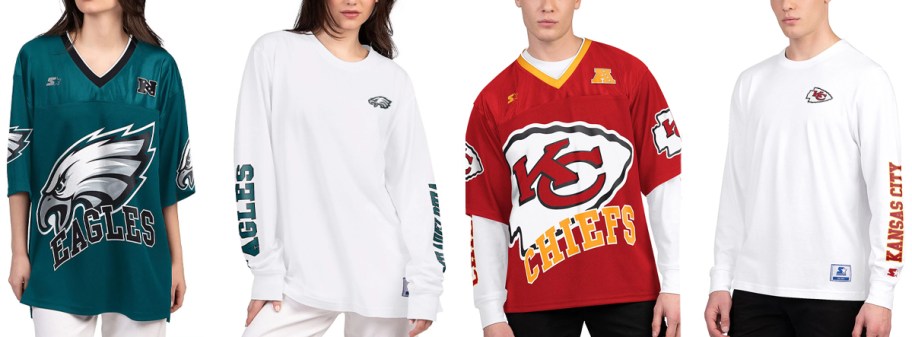 woman wearing blue eagles jersey and white tee, and man wearing red chiefs jersey and white tee 