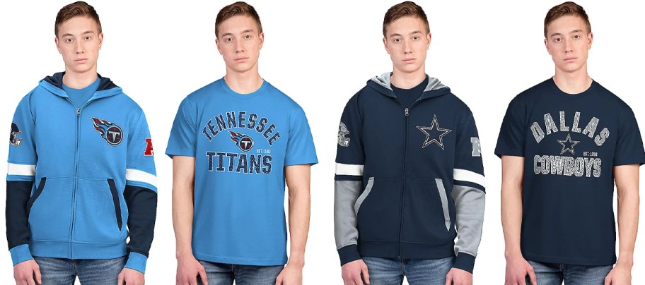 4 men wearing blue NFL tees and hoodies 