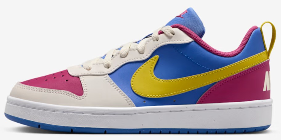 maroon blue and white sneakers with yelliow swoosh