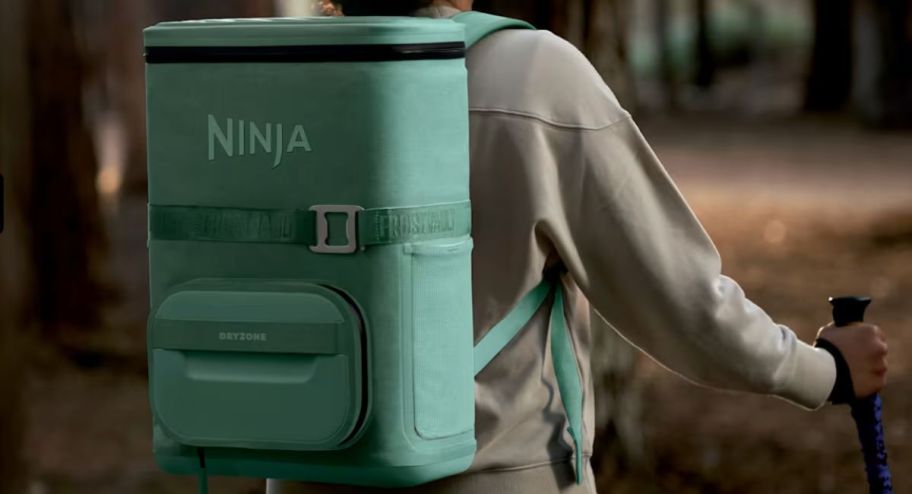 ninja backpack cooler in teal worn on womans back while hiking