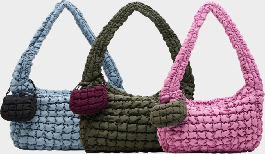 three quilted hobo bags in different colors