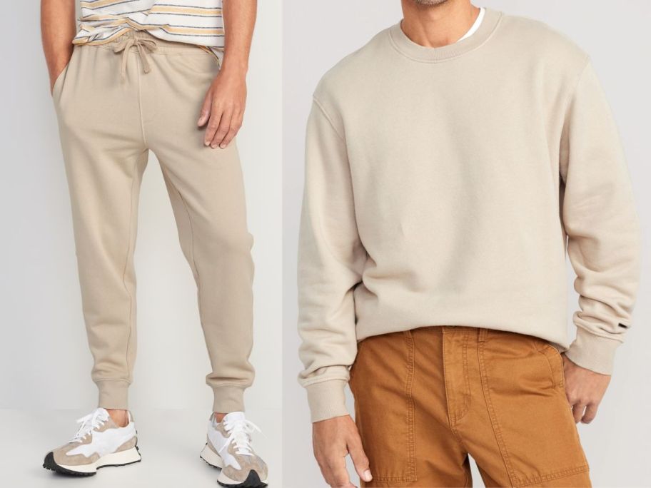 two men wearing beige old navy fleece pants and shirt