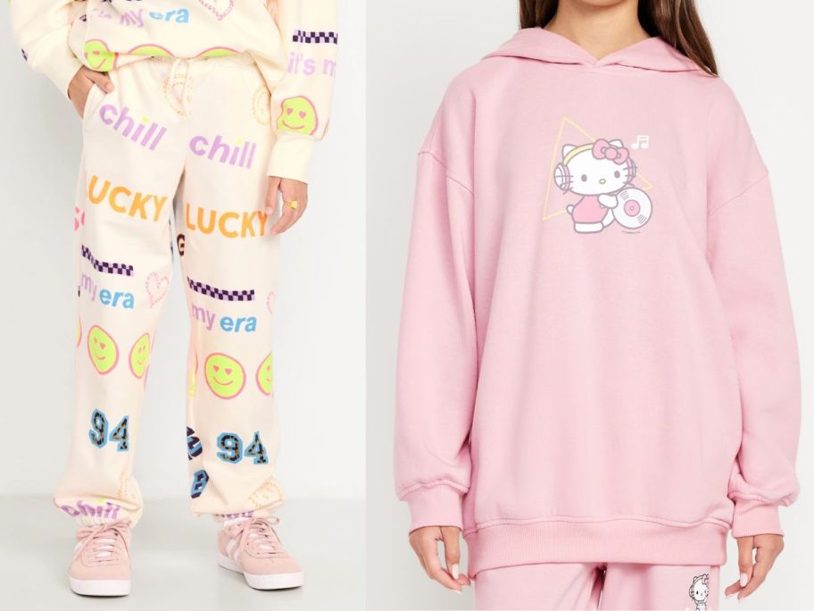 two girls wearing old navy fleece pants and sweatshirt