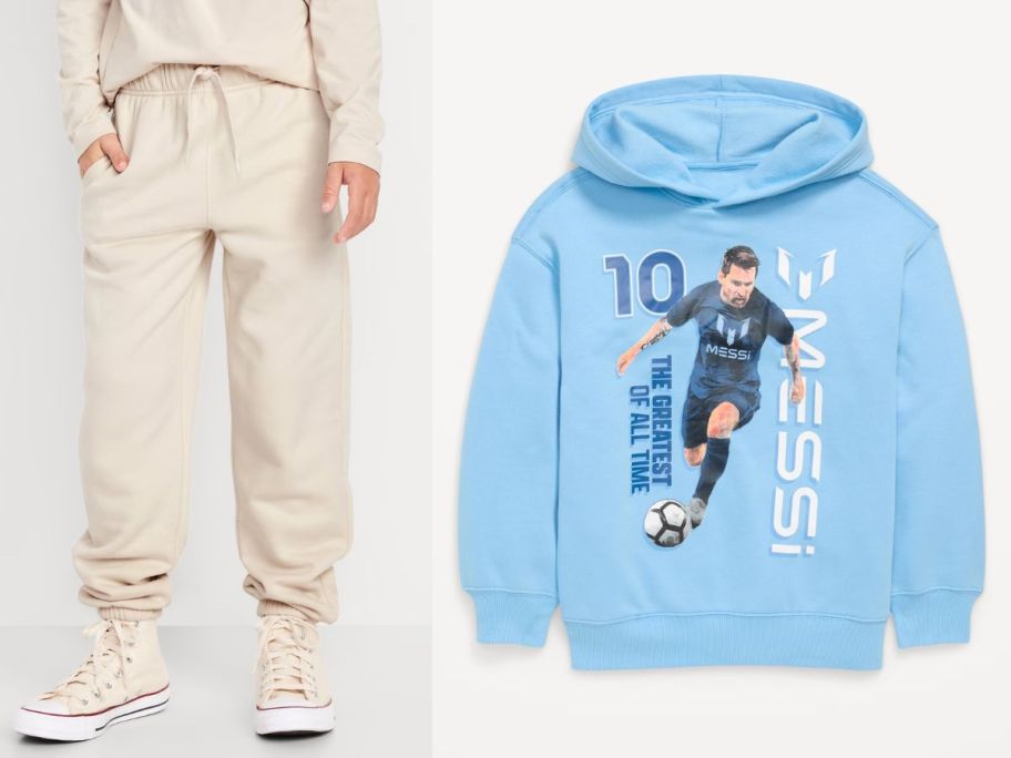 a boy wearing old navy fleece pants next to a messi sweatshirt