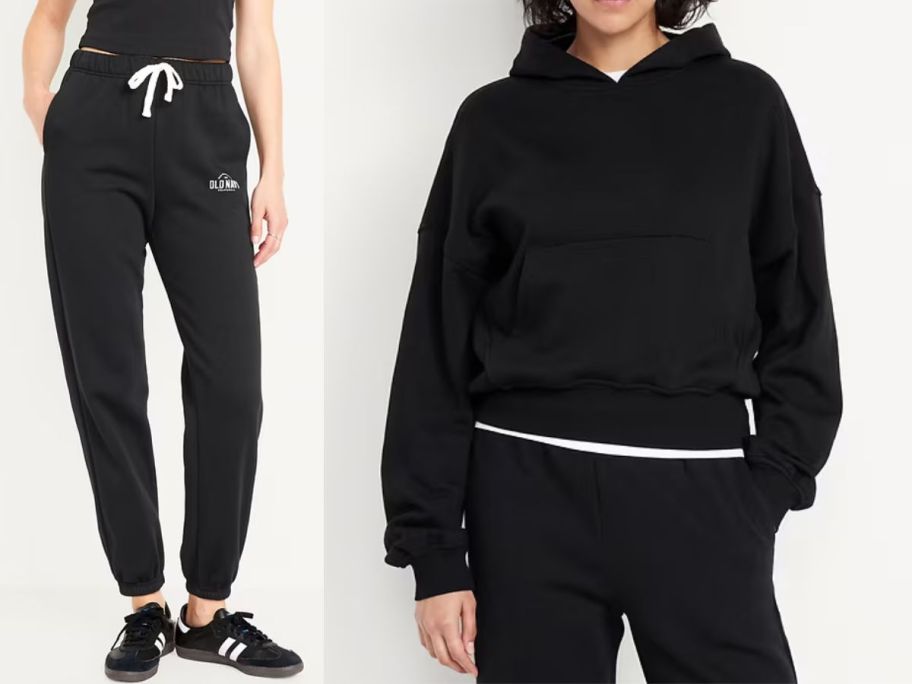 two women wearing black old navy sweatpants and a sweatshirt