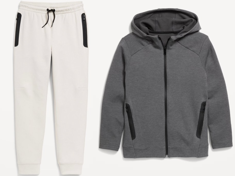 boys tan pants and gray jacket