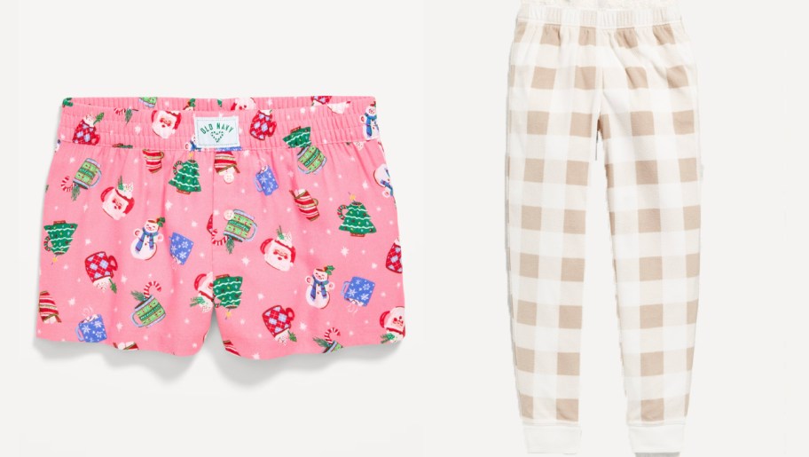 pink christmas shorts and checkered pajama pants 