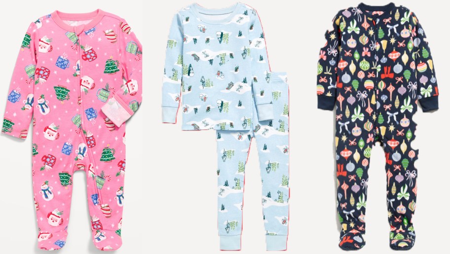 three pairs of pink and blue christmas pajamas