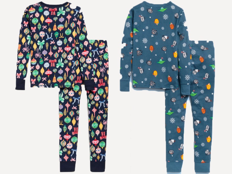 two pairs of blue christmas pajamas 