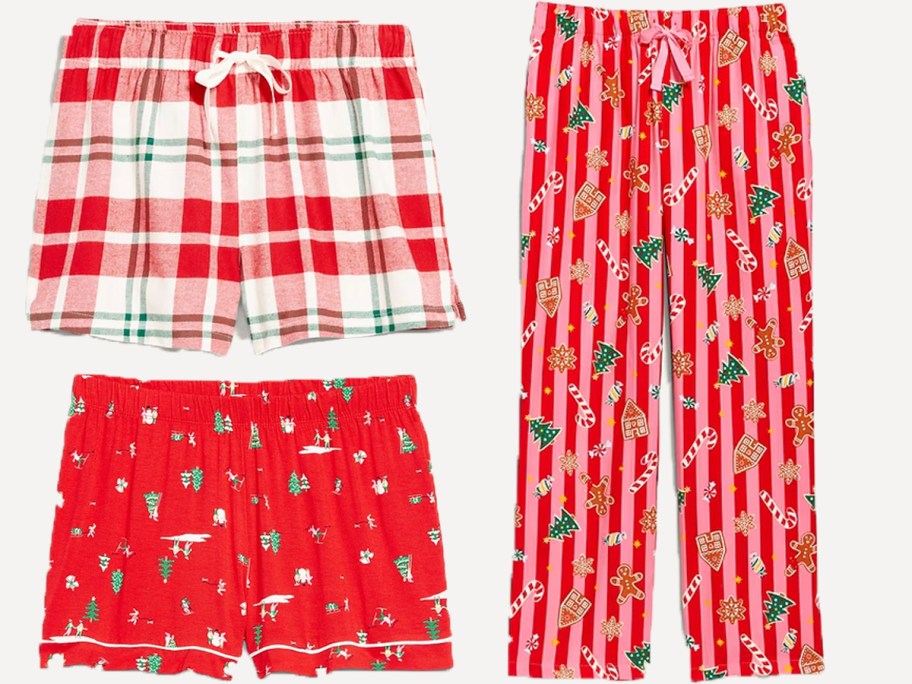 two pairs of christmas red shorts and pajama pants