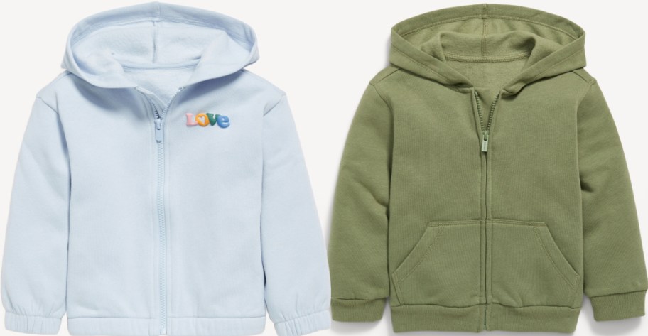 Baby blue and green hoodies from Old Navy.