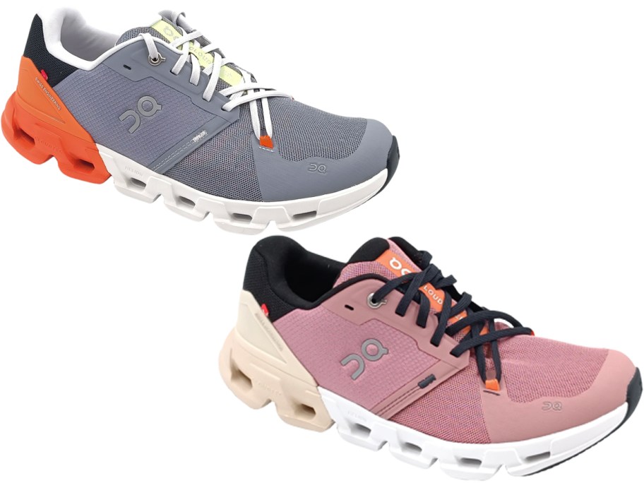 gray and pink on cloud shoes 