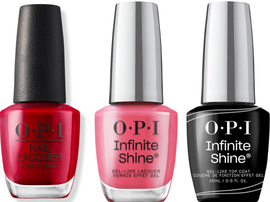 Three bottles of OPI nail polish including red Nail Lacquer, pink Infinite Shine, and an Infinite Shine gel-like top coat.