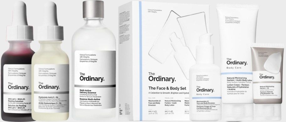 ordinary skincare items including exfoliators, tonersw and moisturizers