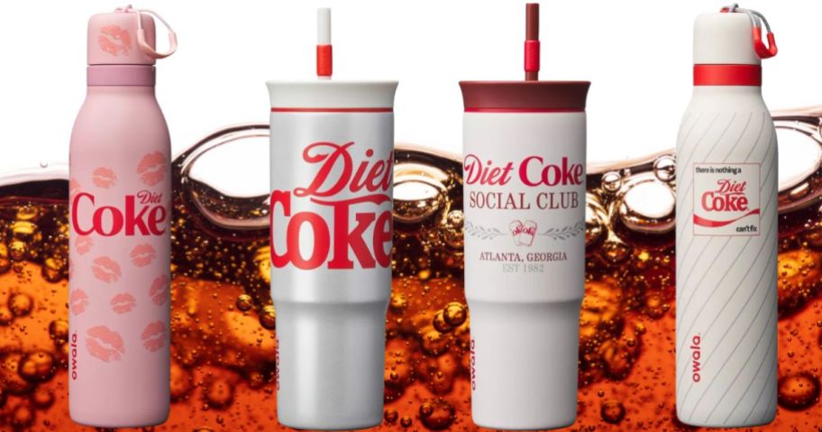 four owala diet coke tumblers against soda background