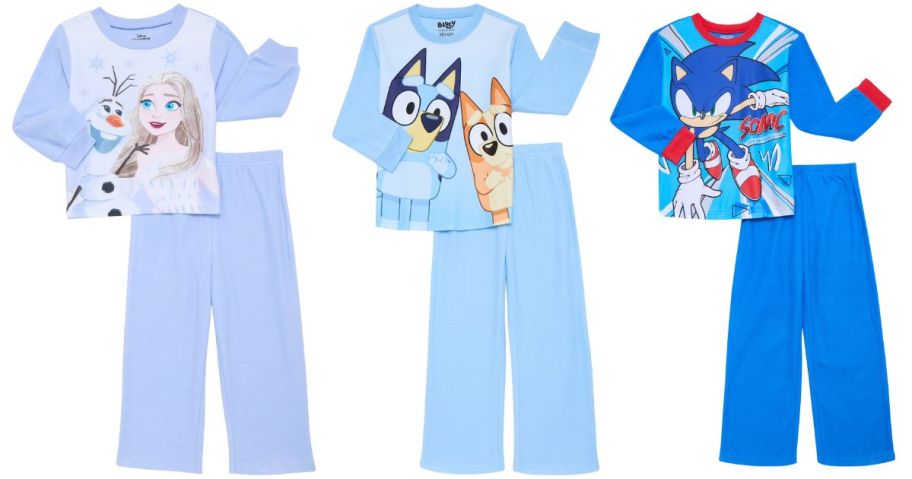 a frozen, bluey, and sonic pair of pajamas