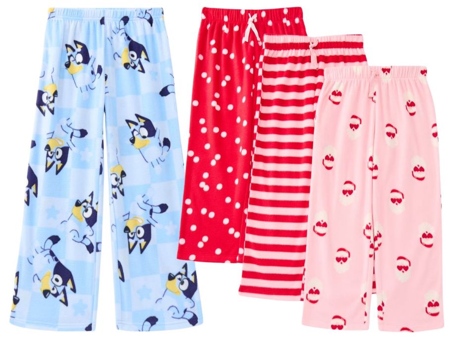 bluey pajama pants and three christmas themed kids pajama pants