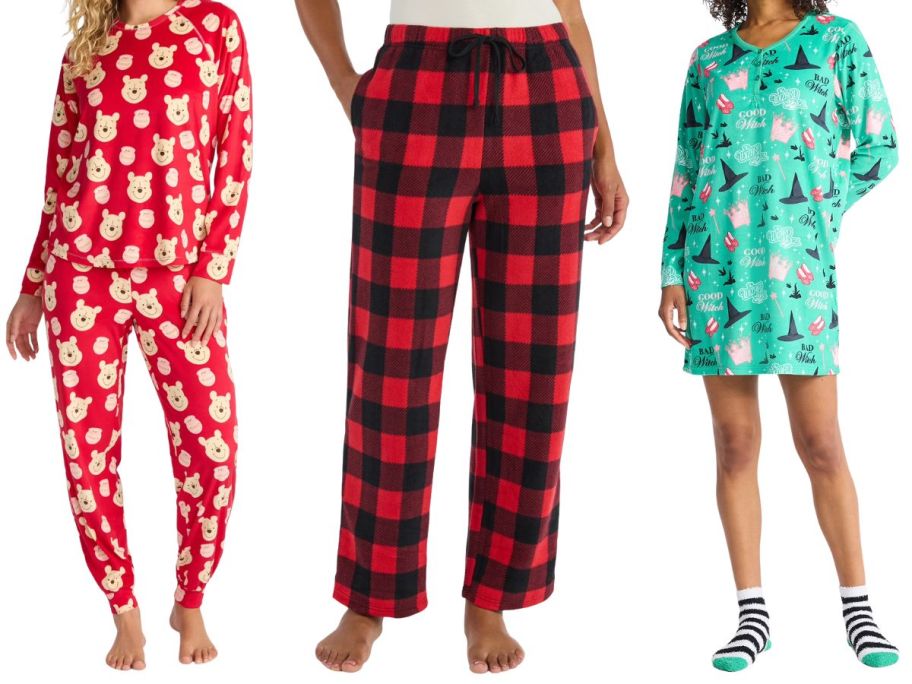 three women wearing pajamas