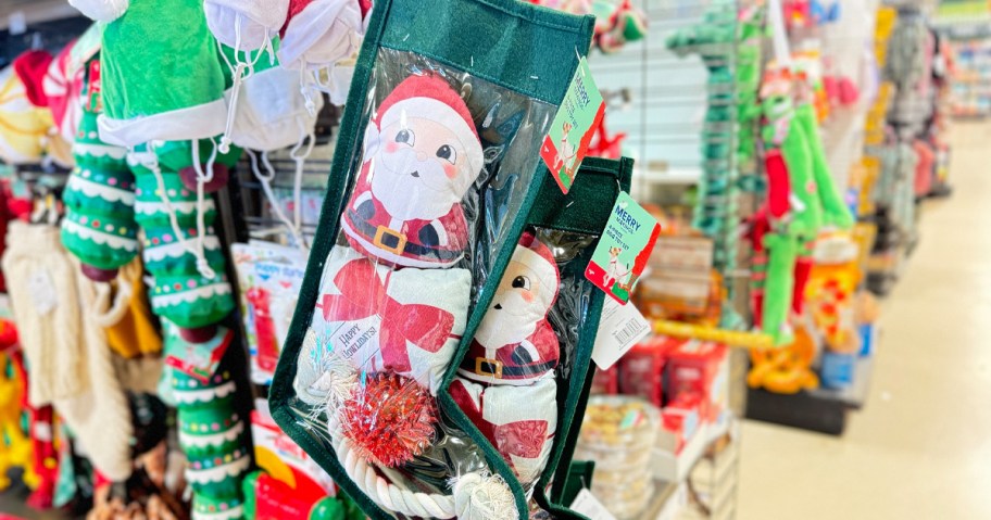 green stocking full of dog toys 