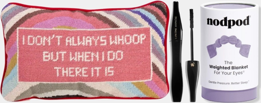 needlepoint pillow mascara and eye sleeping mask