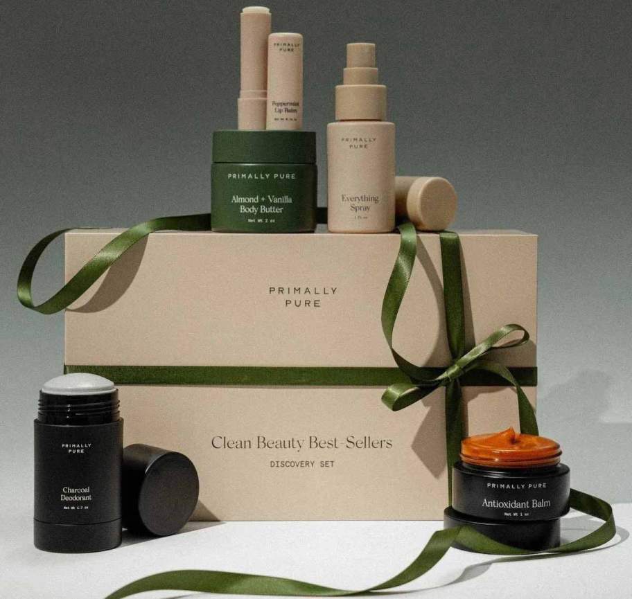 primally pure discovery gift set on box with green ribbon