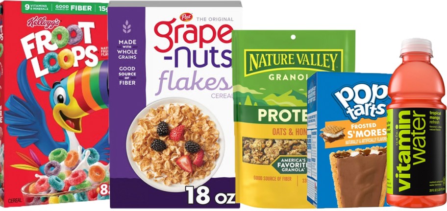 froot loops and grape nuts cereal, nature valley granola, pop tarts box and vitamin water bottle 