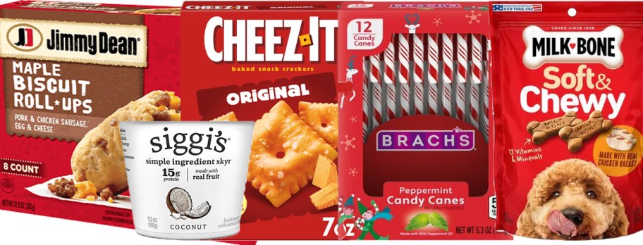 jimmy dean roll ups, cheez its, brachs candy canes, milk bone dog treats, and siggis yogurt 