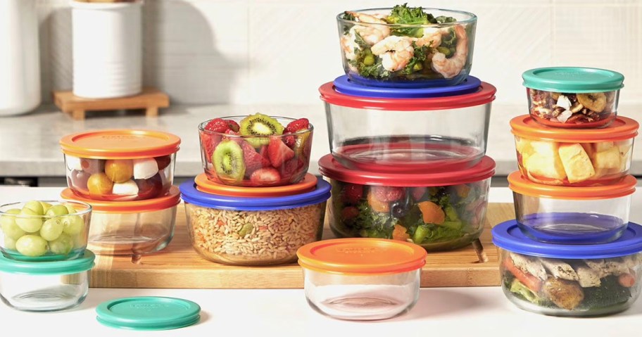glass storage set with food inside on countertop 