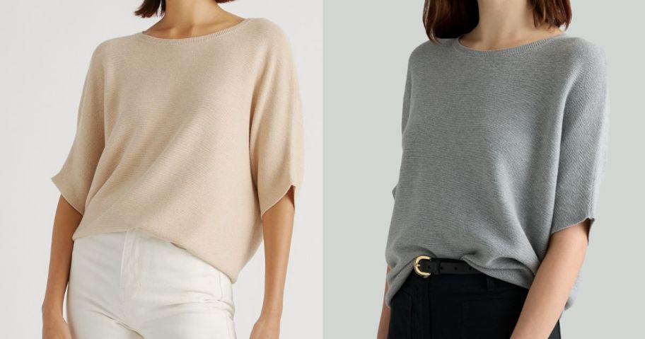 two women wearing Quince Lightweight Cotton Cashmere Link-Stitch Dolman Sweaters in beige and grey