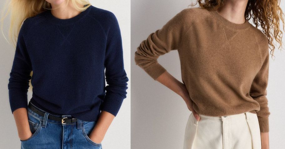 two women wearing Quince Mongolian Shrunken Cashmere Sweatshirts in blue and brown