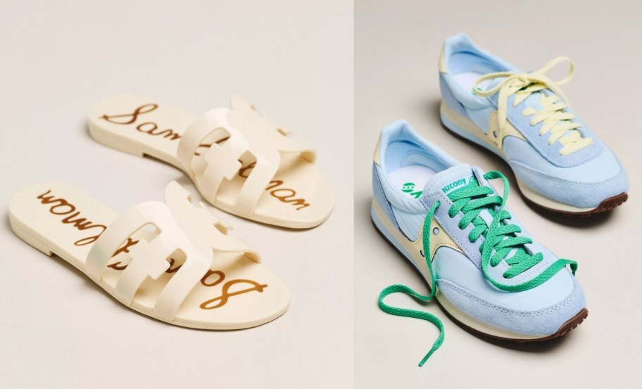 cream jelly sandals & blue sneakers