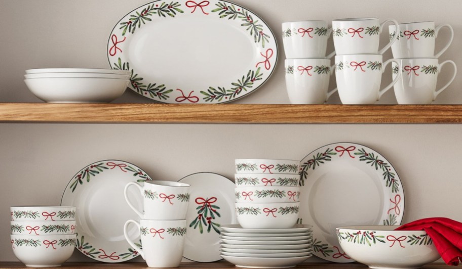 christmas dinnerware on shelves