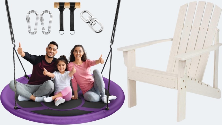 3 people in a saucer swing, and a white adirondack chair