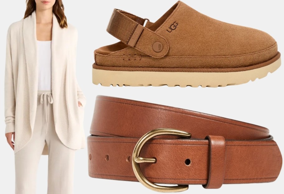 barefoot dreams cardigan, ugg clogs and leather belt