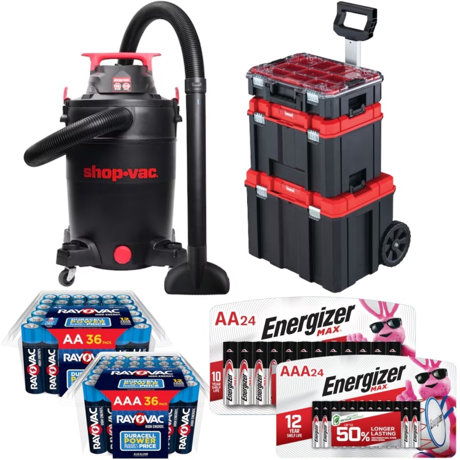 batteries shop vac and rolling tool tower