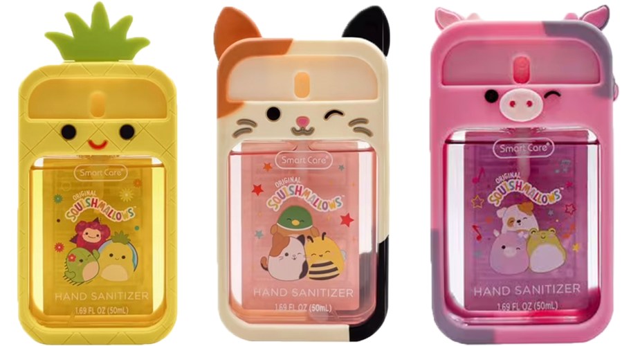 pineapple, cat, and cow squishmallows hand santizers 