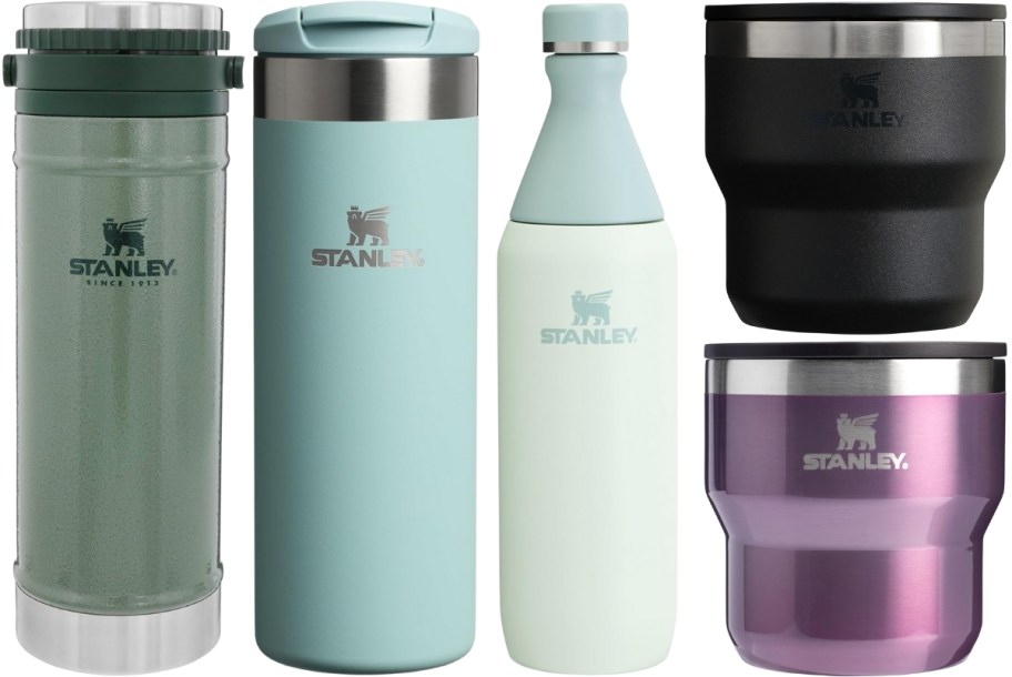 stanley drinkware in various styles and sizes