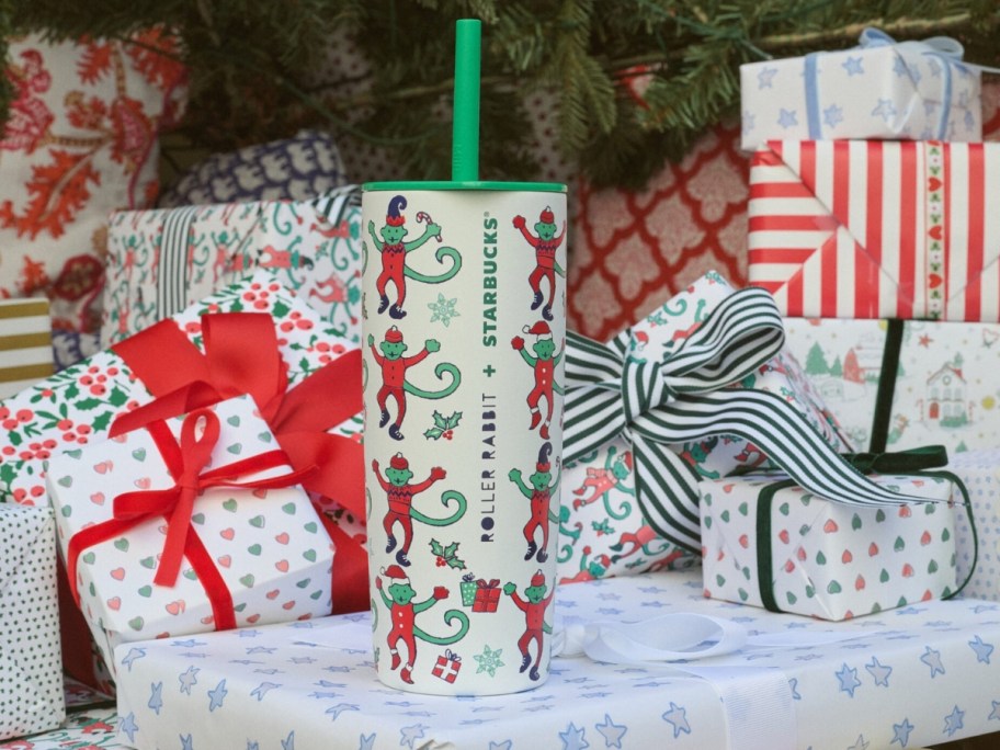 a Starbucks Roller Rabbit stainless cup with Monkey mas print