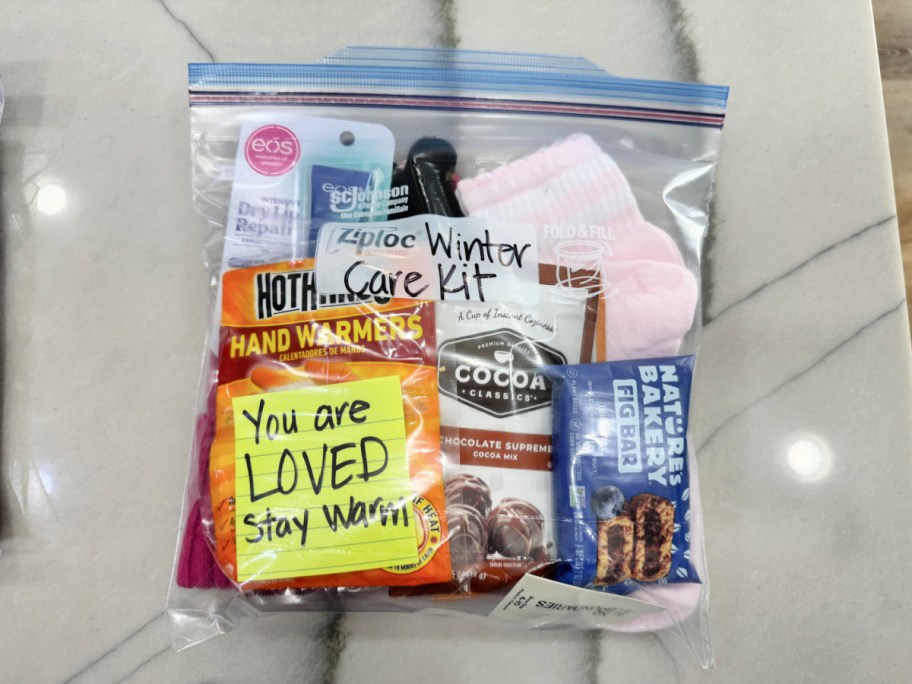 stay warm kit in a gallon bag 