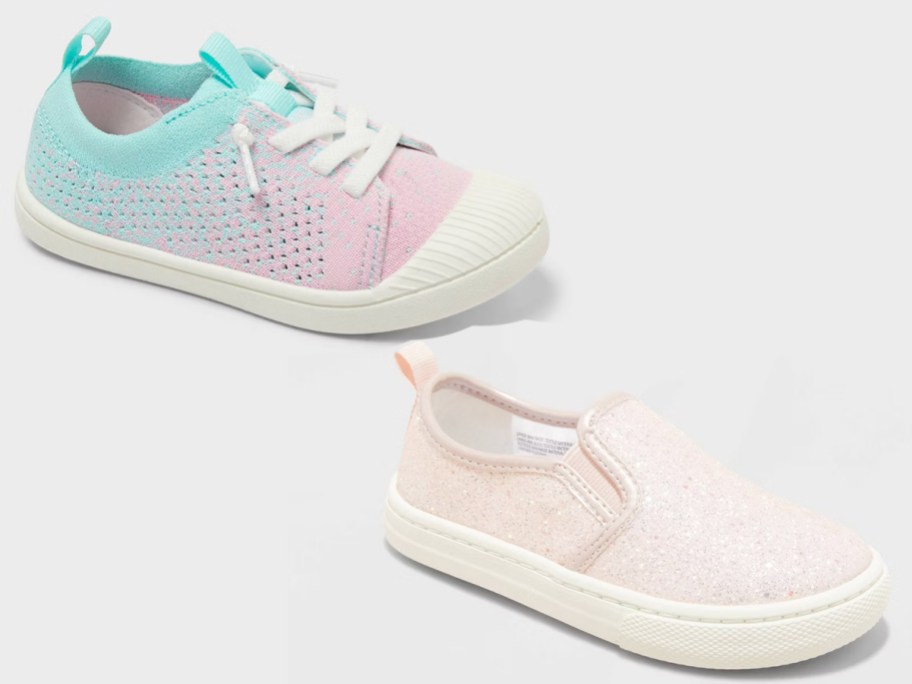 blue and pink shoes and pink glitter slip on shoes