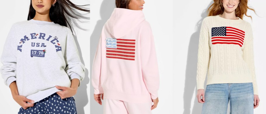 women wearing gray, pink, and tan flag shirts