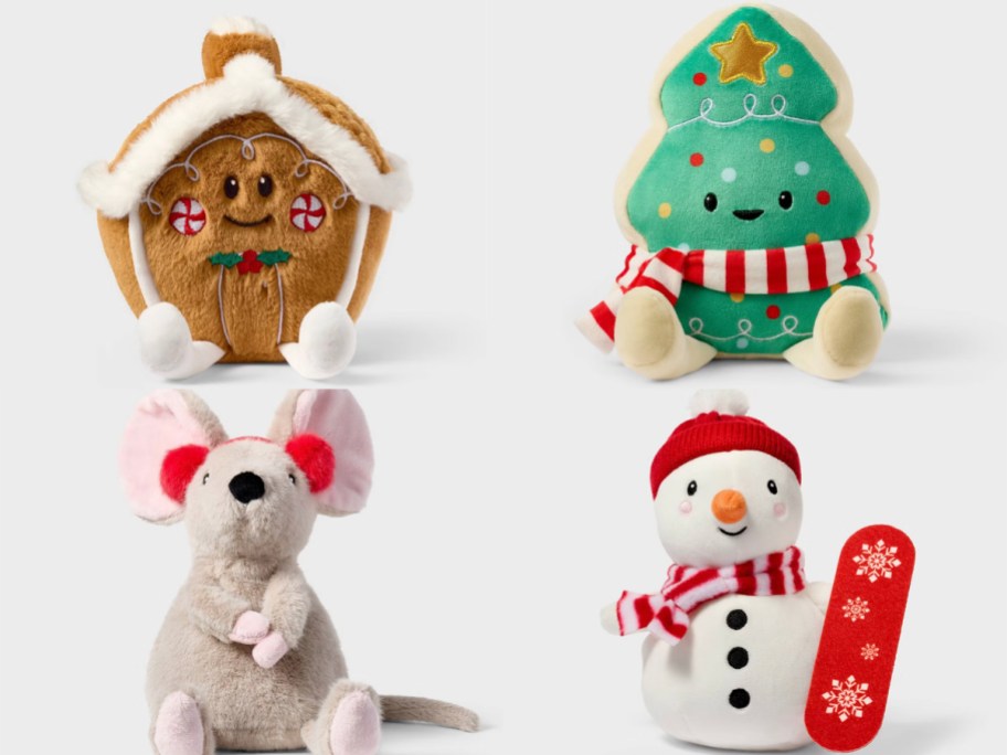 gingerbread house, tree, mouse, and snowman plushes