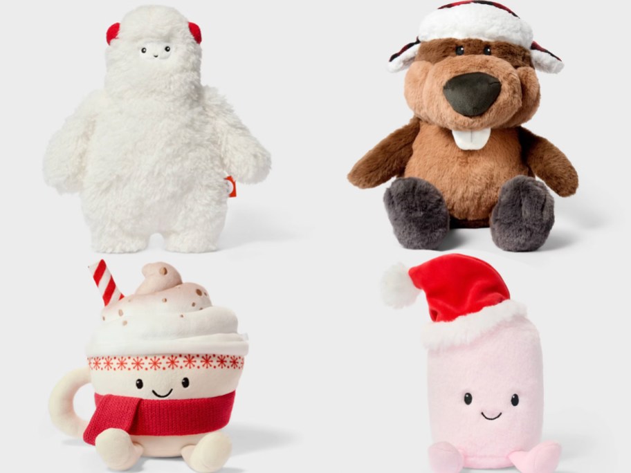 yeti, beaver, and cup plushes